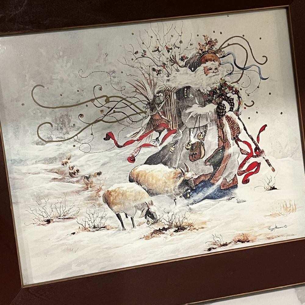 Winter Wonderland Art Print with Santa and Sheep
